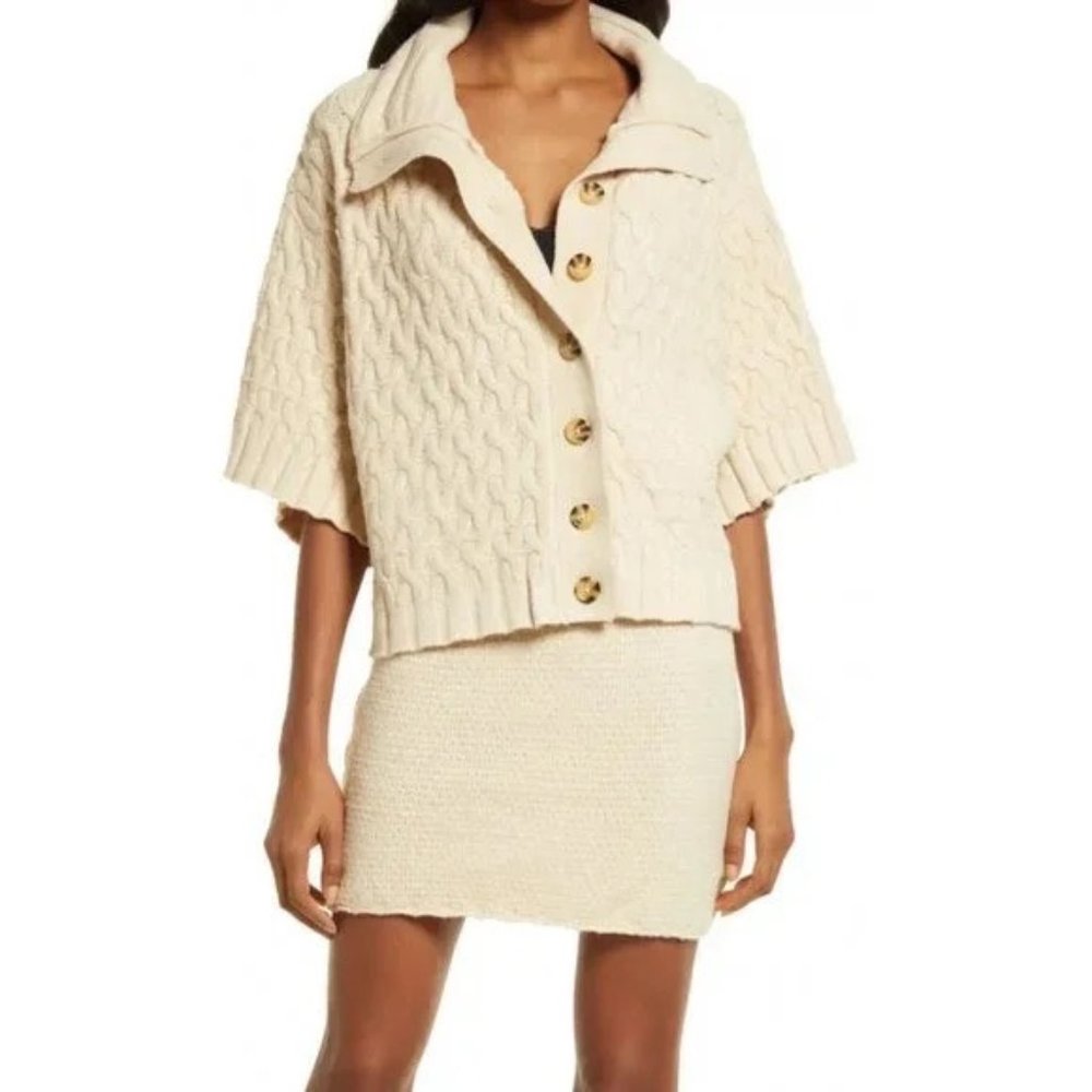 Free People Chunky Cable Knit Cowl Cardigan in Cream